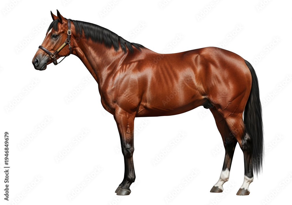 Fototapeta premium A majestic brown horse with a shiny coat stands against a black background