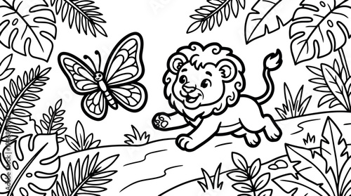 Cute playful lion cub chasing butterfly on log surrounded by jungle leaves line art vector illustration for kids
