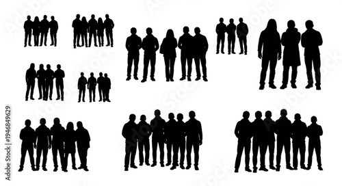 Silhouettes of People in Groups and Standing Alone.