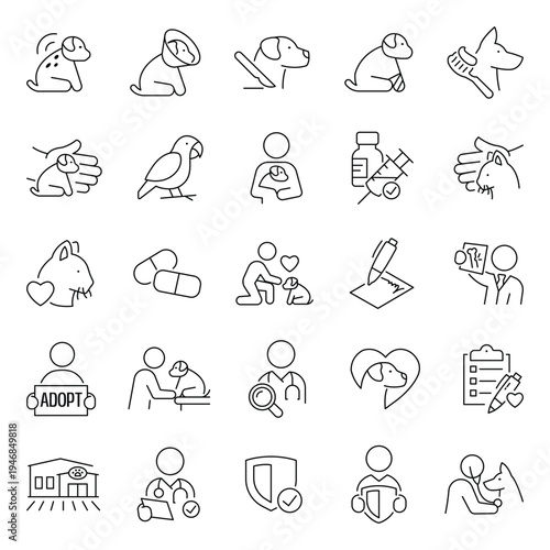 Veterinary pet care animal health clinic grooming adoption medicine wellness compassion icon vector outline illustration.