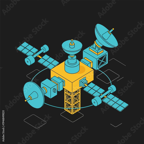 Isometric illustration of a satellite in space, with solar panels and communication dishes.