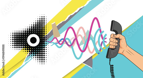Retro Style Podcast Microphone and Megaphone with Sound Wave Trendy Collage Communication and Broadcasting Illustration