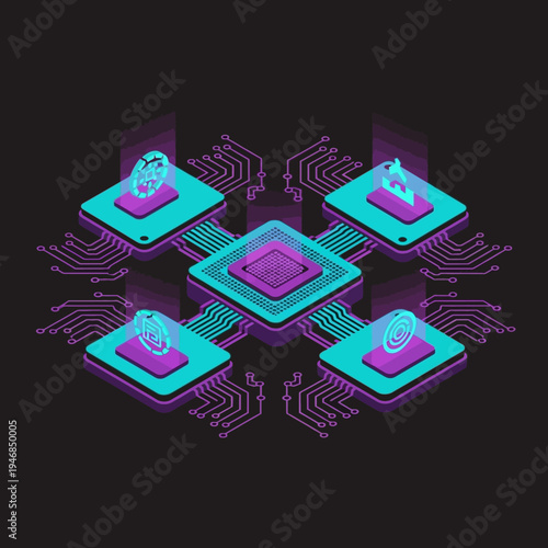 Isometric illustration of a central processing unit connected to four data nodes.