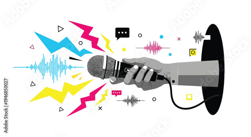 Trendy Halftone Collage Podcast Microphone Illustration with Abstract Dots and Retro Texture Creative Audio Recording Concept