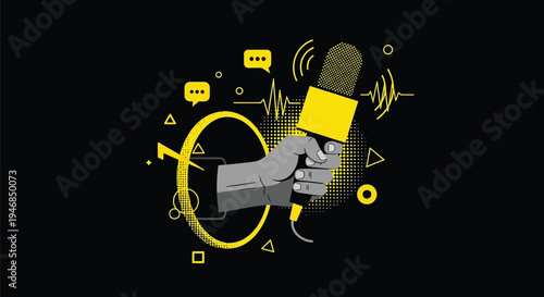 Trendy Halftone Collage Podcast Microphone Illustration with Abstract Dots and Retro Texture Creative Audio Recording Concept