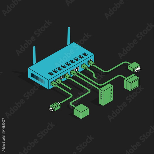 Isometric illustration of a blue router with multiple green cables connected to various devices.