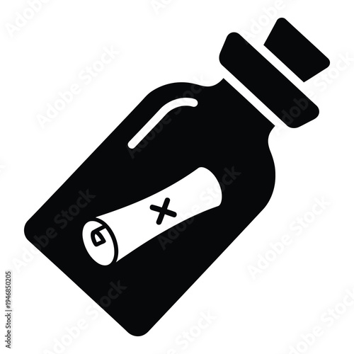 Black bottle with a rolled up paper and cross on it icon