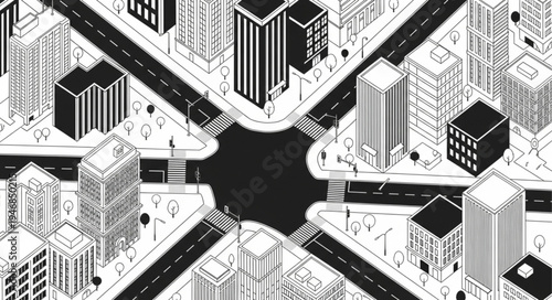 Cityscape Intersection - A Detailed Black and White Aerial View.