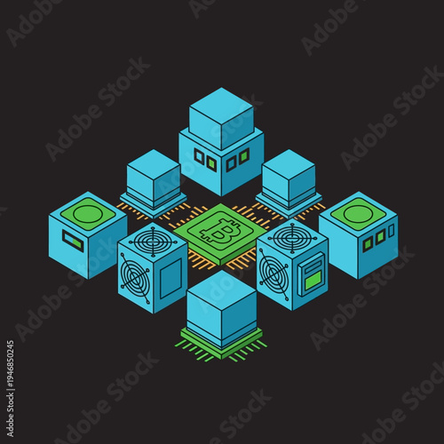 Isometric illustration of a cryptocurrency mining farm with interconnected servers and a central processing unit.