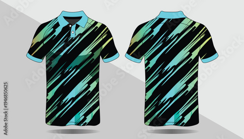 Black polo shirt with blue accents.