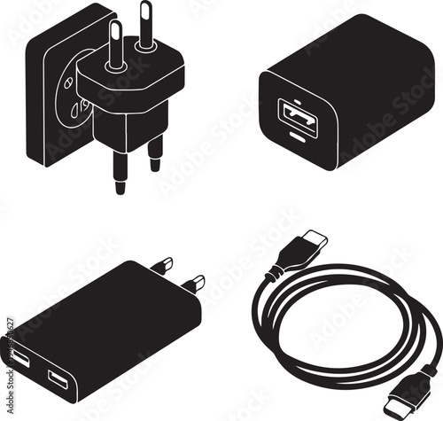 Four black U S B chargers and cables in a clean plug