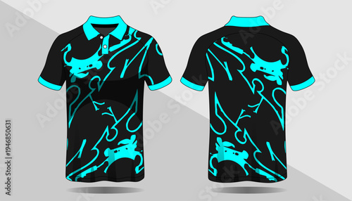 Black polo shirt with blue design.