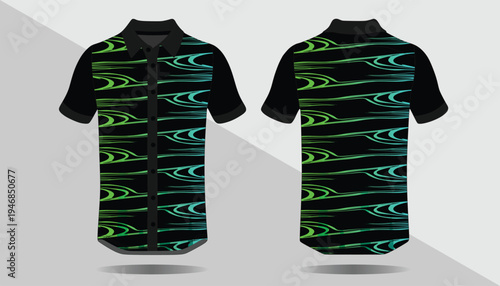 Black polo shirt with green pattern.