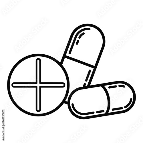 Black line drawing of three medicine pills and capsules on white background icon