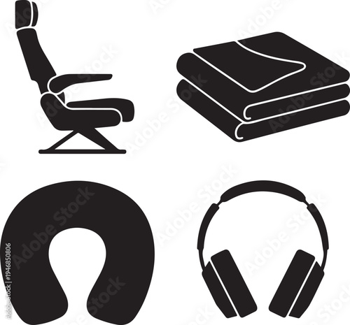 Four black of a chair, books, headphones, and a microphone