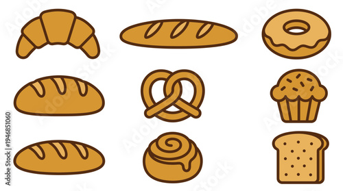 A vibrant vector collection of assorted baked goods and pastries including croissants, donuts, breads, and muffins. Perfect for menus, apps, and food design projects.