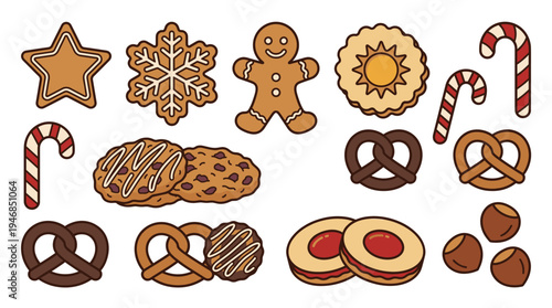 A cheerful vector collection of festive holiday sweets including gingerbread, cookies, pretzels, and candy canes. Ideal for winter menus, greeting cards, and dessert promotions.