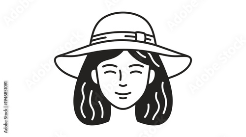 Minimalist vector art of a serene woman in a sun hat, ideal for avatars, travel blogs, summer campaigns, or tranquil brand designs.