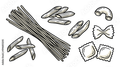 Hand-drawn vector illustration featuring classic Italian pasta shapes like spaghetti, penne, macaroni, farfalle, and ravioli. Perfect for food blogs, menus, or culinary designs.