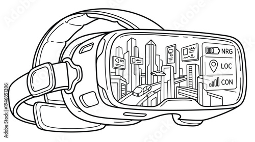 Detailed outline vector of a VR headset displaying an immersive futuristic city with smart transportation and digital interface. Perfect for tech, metaverse, and innovation themes.