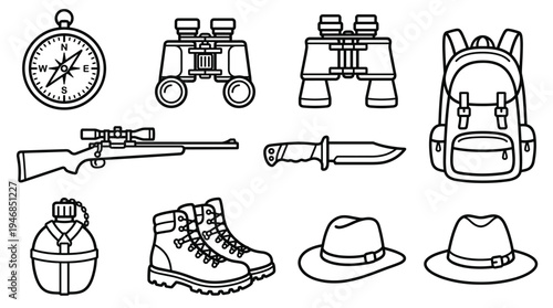 Vector line art collection of outdoor adventure and hunting equipment. Includes compass, rifle, binoculars, backpack, boots, knife, and hat. Ideal for web, print, and app designs.