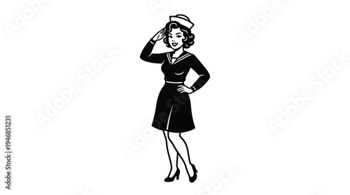 Black and white retro-style illustration of a smiling sailor woman in uniform, saluting. Evokes vintage charm, patriotism, and strength. Ideal for branding, advertising, or decor.