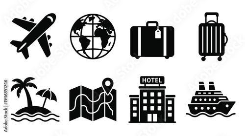 Modern vector travel and tourism icons featuring airplane, globe, luggage, island, map, hotel, and ship. Perfect for websites, apps, and marketing materials.