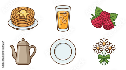 Colorful vector collection of breakfast and tea elements: waffles, juice, raspberries, teapot, plate, and flowers. Ideal for menus, blogs, or children's designs, offering a fresh, inviting feel.