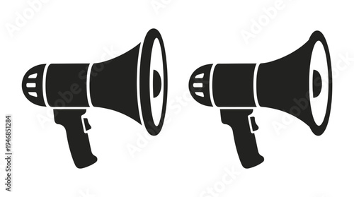 Two bold black megaphone icons representing announcement, attention, and communication. Ideal for marketing, alerts, news, and protest graphics, conveying a strong message.