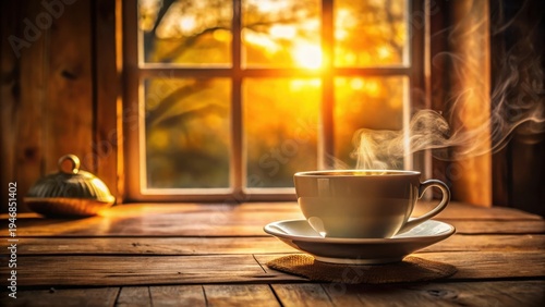 Warmth of a sunrise morning, steaming cup of tea or coffee on rustic wooden table by a window