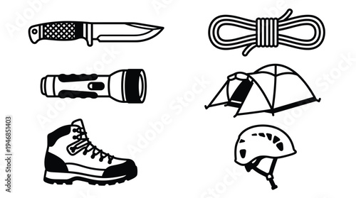 A collection of essential outdoor adventure and camping gear icons in black and white vector line art style, perfect for web, print, or app design.