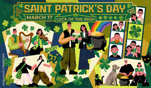 Saint Patrick's Day illustration featuring people, shamrocks, and symbols of good luck
