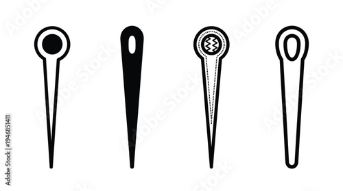 A versatile set of four minimalist black and white sewing needles and craft pins vector icons, perfect for crafting, DIY, textile, and tailoring projects.
