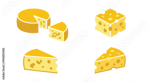 Isometric vector illustrations of cheese forms: wheel, wedge, cube, slice. Ideal for food packaging, menus, apps, and dairy product branding. Clean graphic design.