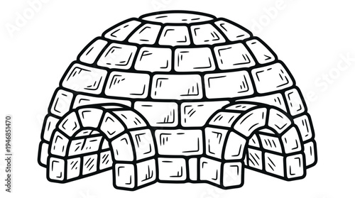 A simple hand drawn igloo illustration. This black and white vector art depicts an ice house, ideal for winter themes, children's coloring books, or educational materials.