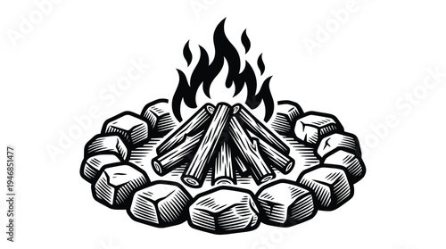 A stylized black and white vector illustration of a warm campfire with burning logs, surrounded by a ring of rocks. Ideal for outdoor, adventure, or camping designs.