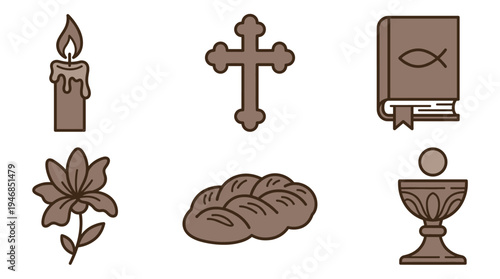 Set of Christian religious vector icons featuring a candle, cross, bible, lily, bread, and chalice. Ideal for spiritual themes, church events, and educational materials.