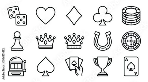 A collection of outline vector icons representing casino gambling and various game elements. Perfect for web, app design, or print materials related to entertainment and luck.
