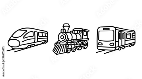 Diverse collection of outline train icons: high-speed, steam, and metro. Perfect for transport themes, infographics, apps, and educational materials in a clean vector style.