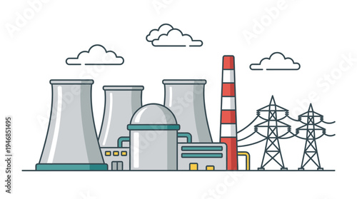 Modern vector illustration of a nuclear power plant with cooling towers, a chimney, and transmission lines. Ideal for energy, industry, or environmental themes.