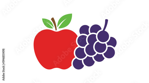 Vibrant flat vector illustration of a fresh red apple and purple grapes, symbolizing healthy eating. Ideal for food, nutrition, wellness apps, websites, or educational materials.