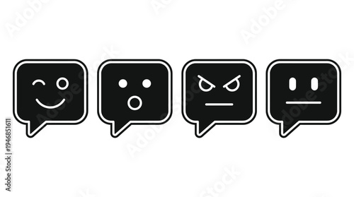 Vector set of diverse emotion icons in speech bubbles: winking, surprised, angry, neutral. Perfect for digital communication, social media, apps, and feedback interfaces.