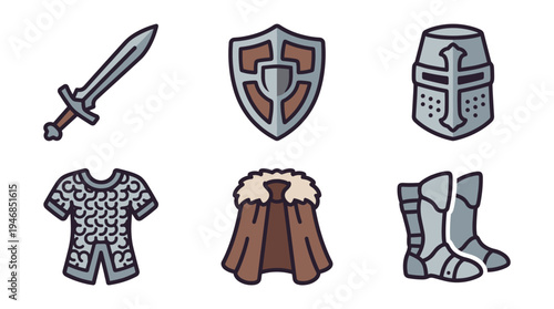 Set of colorful vector icons depicting medieval knight equipment. Includes sword, shield, helmet, armor, cape, and boots. Great for fantasy adventure games and educational content.