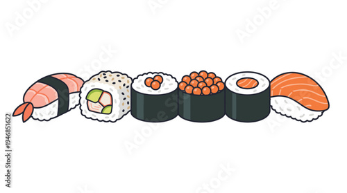 Colorful vector illustration of fresh assorted sushi and maki rolls, including shrimp, salmon, and roe. Ideal for food blogs, restaurant menus, packaging, or culinary designs.