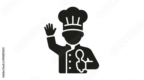 This minimalist chef icon, depicted in black, shows a professional with a chef hat and spoon, giving a friendly wave. Great for food service, catering, and kitchen-related content.
