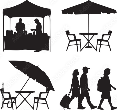 Silhouettes of people sitting under umbrellas and walking with luggage