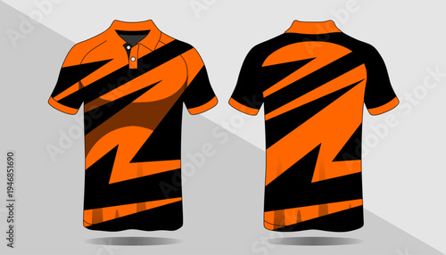 Orange and black polo shirt design.