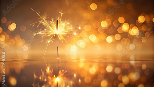 A single burning sparkler reflects in still water, surrounded by a bokeh of warm golden lights creating a magical and festive ambiance
