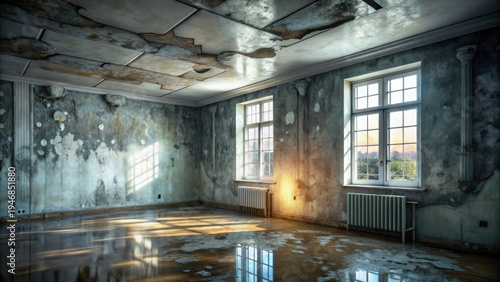 A sunlit, water-damaged room reveals decaying walls, a crumbling ceiling, and aged radiators, hinting at a forgotten past and potential for restoration