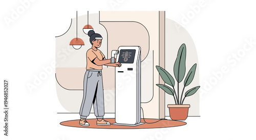 Woman using self-service kiosk for ordering and payment in a modern cafe or restaurant.